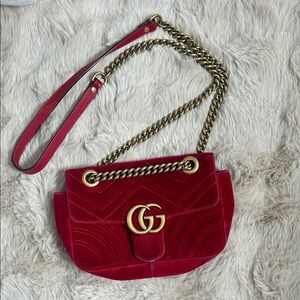 Gucci Red Velvet Shoulder Bag with Gold Chain